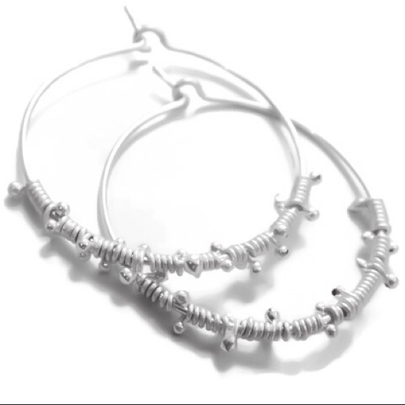 925 Sterling Silver Wire Wrapped Dew Drop Beaded Medium Sized Hoop Earrings - Picture 2 of 8